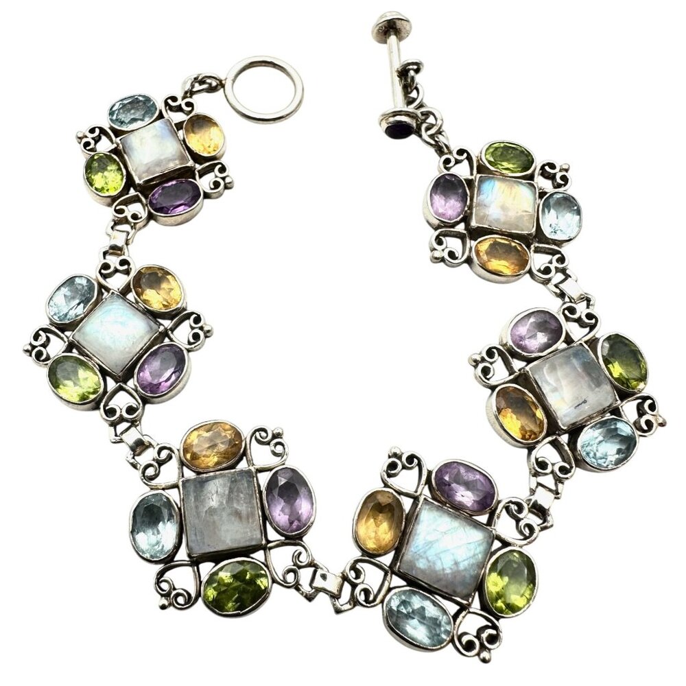 Moonstone Multi-Gemstone Sterling Silver Bracelet 7.5 Inch 29 Grams